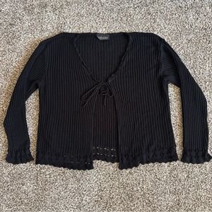 Y2K Black Knit Tie Cardigan Sweater Lettuce Hem Rib Open Front Boho Indie L/XL